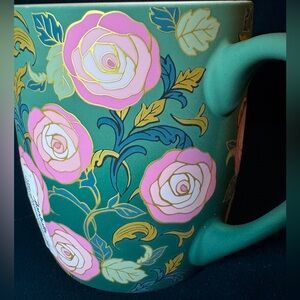 Petal & Pearl Soft touch green ombré Pink Rose Floral Coffee Mug Gold Detail